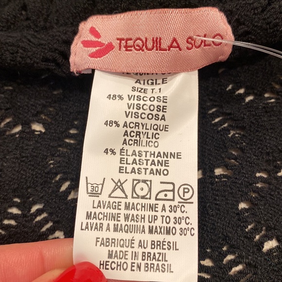 NWT.  Tequila Solo Aigle Soft Black Open Knit Sweater with Flower Pin 4 closure - Picture 12 of 14